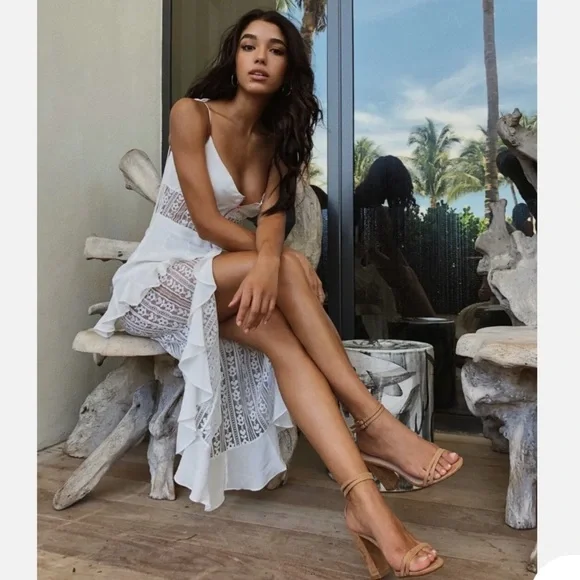 For Love & Lemons Lovebird Lace Midi Dress Sexy Sheer Skirt XLarge Sage 80s